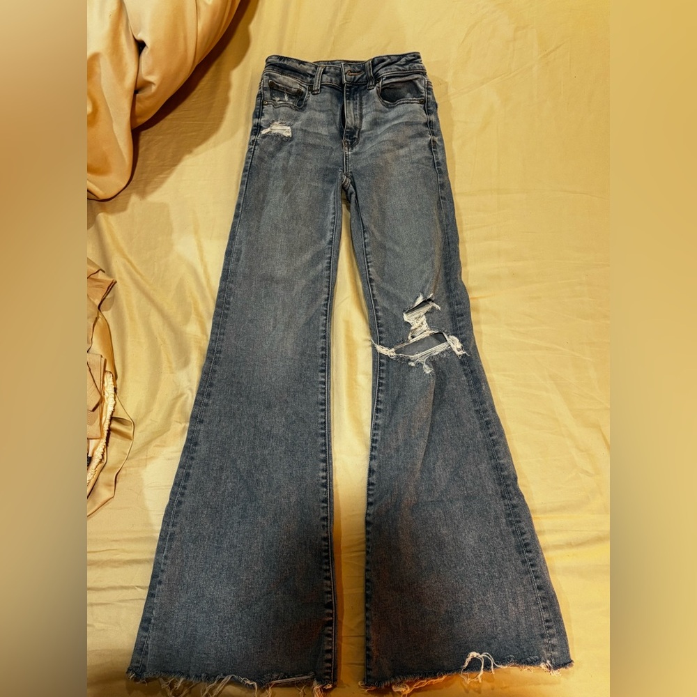 American Eagle Outfitters Blue Distressed Wide Leg Jeans